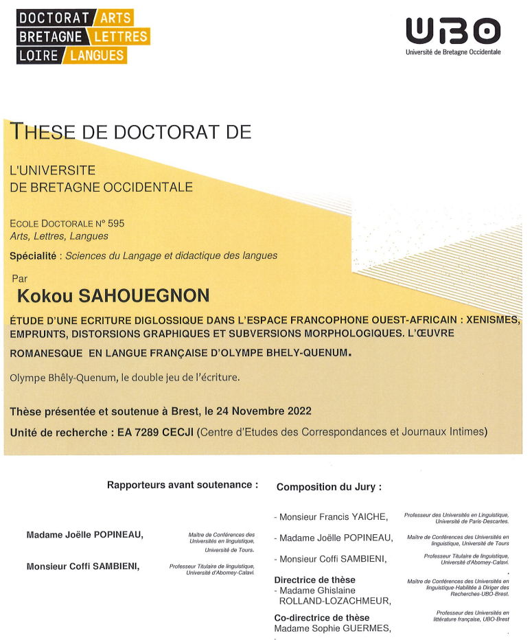 Étude d'une écriture diglossique dans l'espace francophone ouest-africain : xenismes, emprunts, distorsions graphiques et subversions morphologiques. L'ɶuvre romanesque en langue française d'Olympe Bhely-Quenum