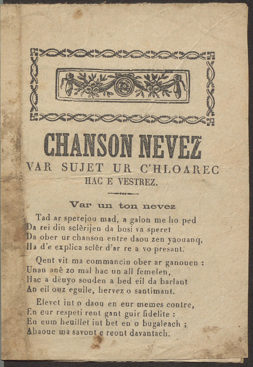 Page de titre d'une chanson en breton sur feuille volante.