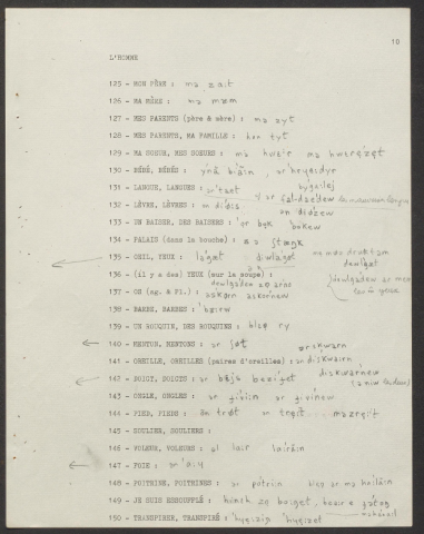 Page d'un questionnaire dans le cadre du Nouvel Atlas Linguistique de Basse-Bretagne