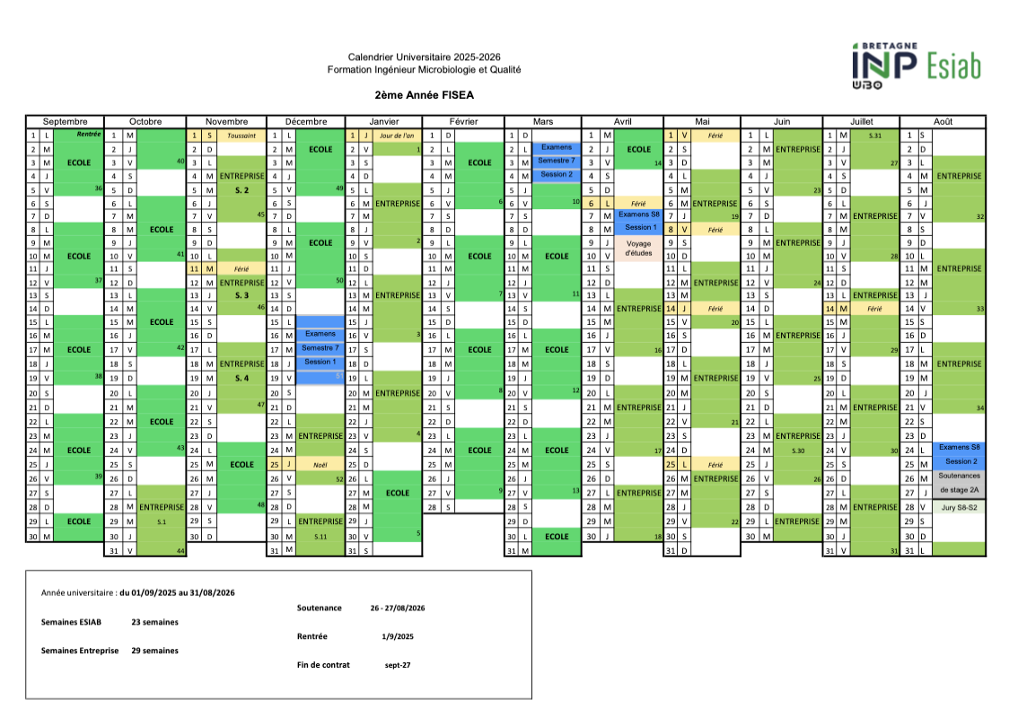 2025-2026 Calendrier MQ 2A FISEA