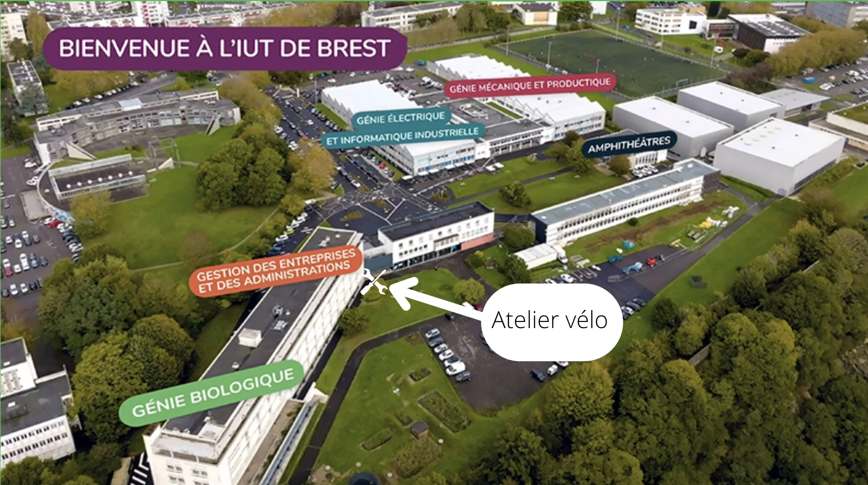 vue aerienne de l'IUT montrant l'emplacement de l'atelier vélo
