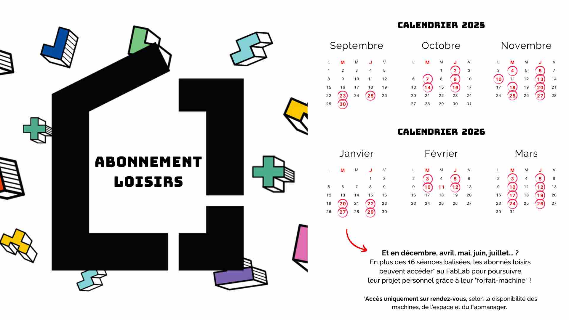 calendrier seances abonnement loisirs fablab